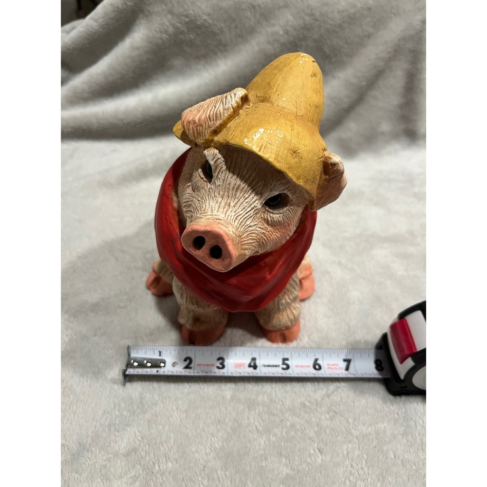 Pig Figurine Statue with Yellow Hat and Red Bandana Scarf Tan 7in